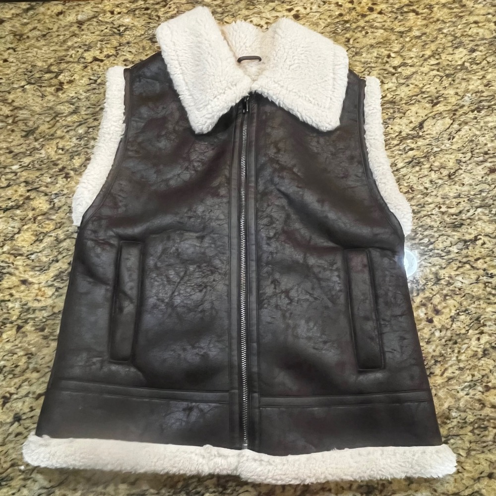 OFFLINE by Aerie Women Brown Faux Leather Shearling Zip Up Vest Small Distressed